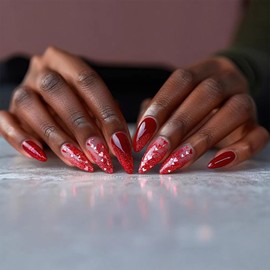 IMSOHOT Red Glitter Press on Nails Medium Almond Fake Nails with Heart Sequins Designs Glossy Glue on False Nails Glue on Nails Full Cover Valentine's Day Acrylic Nails for Women 24Pcs