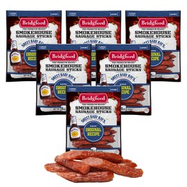 Bridgford Sweet Baby Ray’s Smokehouse Sausage Sticks Original 5 oz Pack of 6 - Made with Beef & Pork - Gluten Free High Protein Summer Sausage Beef Snack - Smoked - Ready-to-Eat for Any Adventure