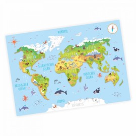 nikima Children's World Map 3D in 3 Sizes A3 / A2 / A1 Poster Animals Earth Wall Picture Children's Room Beautiful Wall Decoration Continents Cute Animals - A1-841 x 594 mm