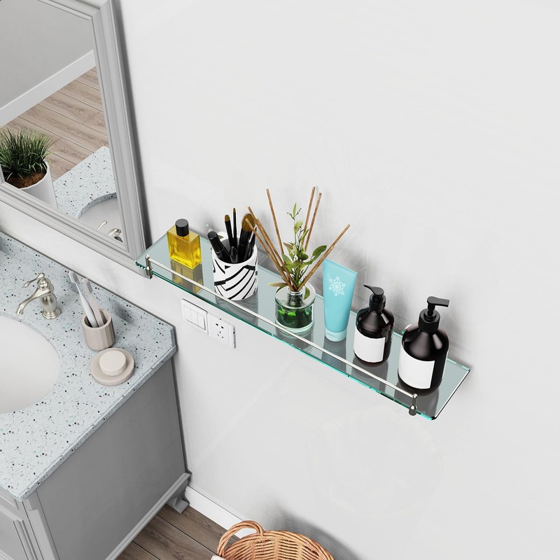KOCOK 24 Inch Glass Bathroom Shelves,Brushed Nickel Floating Shelves for