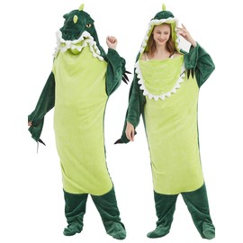 NAFLEAP Wearable Blanket Hoodie Women Dinosaur Onesie Adult Costume Sleep Bag Gifts for Girls, Dinosaur Green,XXL