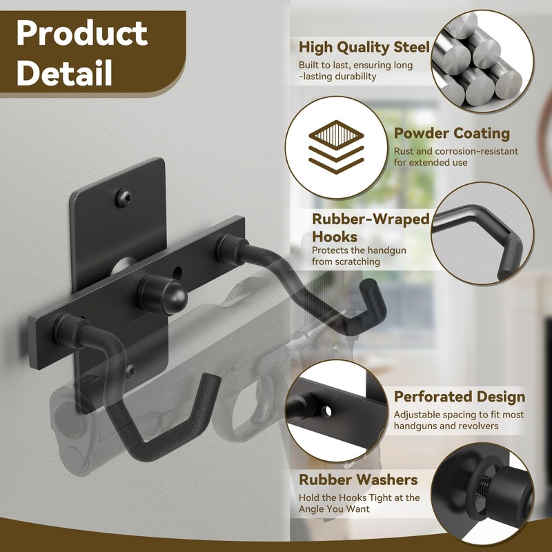 Pistol Wall Mount Rack - Adjustable Handgun Display Holder Fits