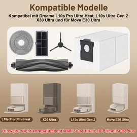 Spofan Zubeh?r Ersatz f??r Dreame L10s Pro Ultra Heat, L10s Ultra Gen 2, X30 Ultra, L40 Ultra AE, Mova E30 Ultra Saugroboter, 1 Hauptb??rste, 2 HEPA Filter, 4 Seitenb??rsten, 4 Mopp Wischt??cher, 6 Staubbeutel