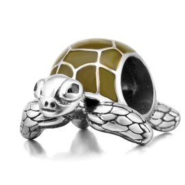 PAIYUAN Sea Turtle Animal Charms 925 Sterling Silver Tortoise Pet Charms Bead for European Bracelet (Green Enamel)