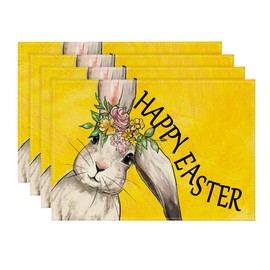 Artoid Mode Yellow Bunny Rabbits Easter Placemats Set of 4, 12x18 Inch Flower Seasonal Spring Holiday Table Mats for Party Kitchen Dining Decoration