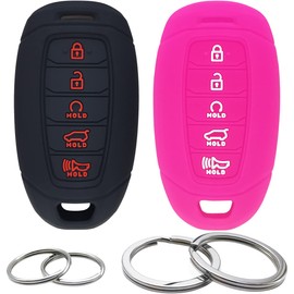GFDesign 2 Pcs Silicone 5 Buttons Key Fob Cover Remote Case Keyless Rubber Protector Holder Compatible with Hyundai Palisade (Black & Hot Pink)