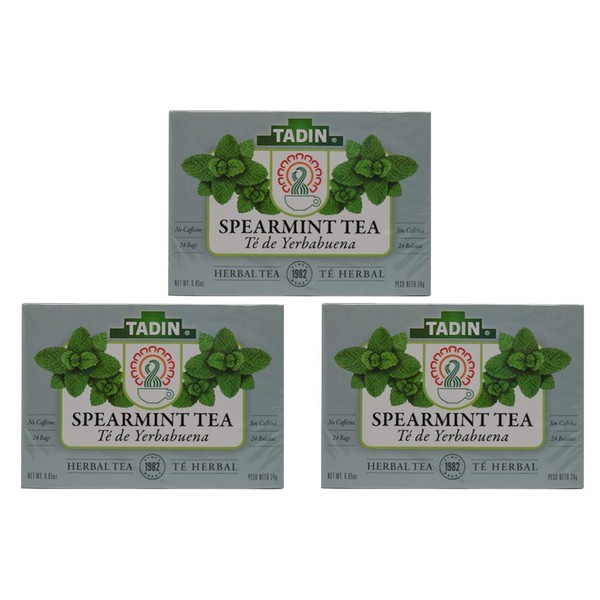 Tadin Yerbabuena / Spearmint Tea. Natural Digestive Issue Helper. Belly Inflammation and Cramps Relief. Relaxing Scent and Flavour. 24 Bags. 0.85 Oz / 24 g. Pack of 3