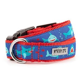 The Worthy Dog Chomp Shark Ocean with Red Fish Pattern Designer Adjustable and Comfortable Nylon Webbing, Side Release Buckle Collar for Dogs - Fits Medium Dogs, Blue Color-Medium