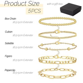LunarCharm 5 Pieces 14K Gold Plated Bracelets for Women Trendy Dainty Gold Plated Fashion Stackable Bracelet Sets for Women Thin Link Bracelets Multilayer
