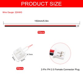 Lyeteung 50 Sets Mini Micro JST 2.0 PH 2 Pin Connector Plug Male with 150mm 22AWG Cable & Female Connector (Red Black)