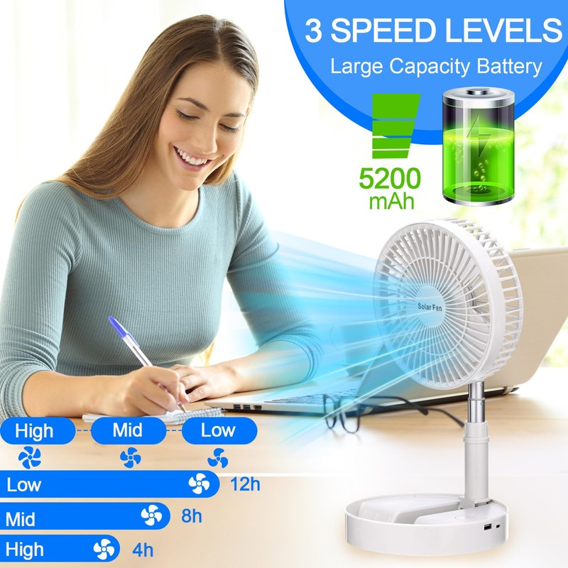 Aurelema Solar Battery-operated Portable Standing Fan with Solar Panel, 8"