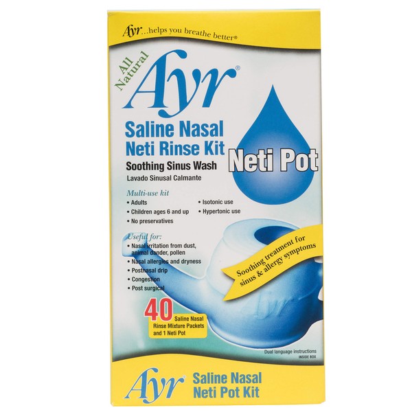 Ayr Saline Nasal Neti Rinse Kit Soothing Sinus Wash, 40-Count Saline Nasal Rinse Mixture Packets Plus Neti Pot (Pack of 2)