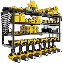 jsyonii Heavy Duty Power Tool Organizer Wall Mount, Cordless Drill Hanger Storage Rack, Battery Tool Holder Utility Rack with Side Wrench Rack for Garage Workshop-32 Inch 8 Slots