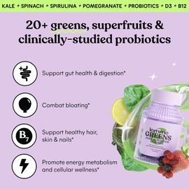 Lemme Greens Superfood Gummies w/Multi - Support Gut Health & Reduce Bloating, 20+ Organic Greens and Superfruits, Clinically Studied Probiotics, D3, B12 - Berries & Greens Flavored (60 Count)