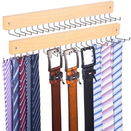 【2 in 1】 2 Pack Tie Organizer Belt Organizer Wall Mounted, Space Saving Tie Rack Belt Hanger for Closet with 40 Storage Hooks, Belt Tie Holder for Closet Organizer Storage Natrual