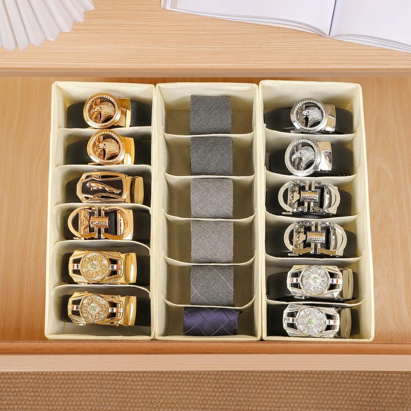 Coorganisers 3 Packs Fabric Belt Organizer, 6 Grids Belt Organizer