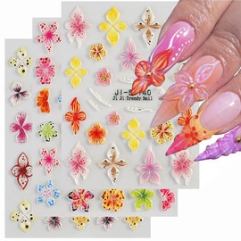 Spring Flower Nail Art Stickers 5D Embossed Florals Design Colorful Hibiscus Nail Stickers Acrylic Nail Decals Accessories Summer Nail Art Supplies for Women DIY Decorations 3 Sheets