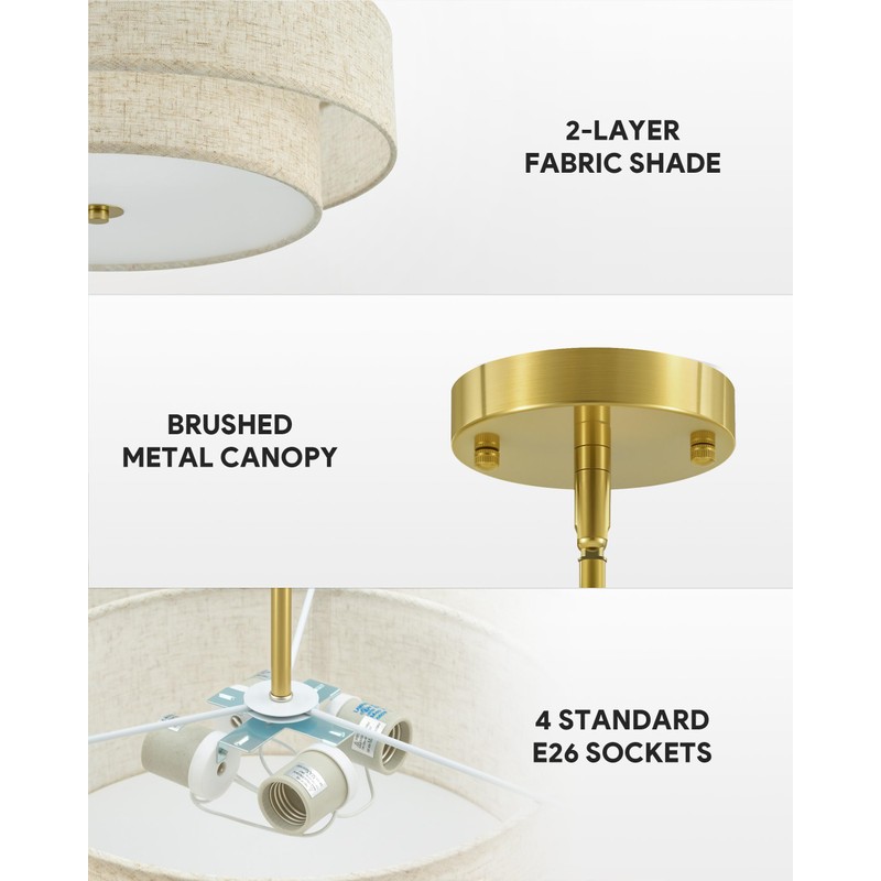 VONLUCE Modern Chandeliers, 18" Drum Chandeliers with 2-Layer Fabric Shade,