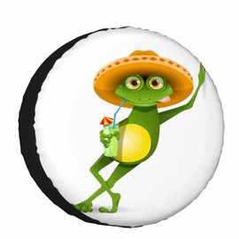 Green Frog Spare Tire Cover Wear Sombrero and Drink a Cocktail Summer Beach Polyester Universal Wheel Tire Cover for Trailer Camping Weatherproof for Rv SUV Truck Camper Travel 15 inch