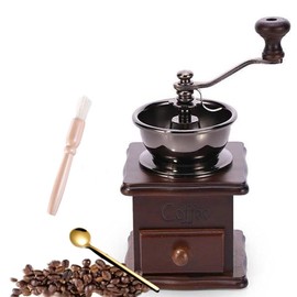 Eitonbu Wooden Manual Coffee Grinder Vintage Style Hand Coffee Mill Burr Coffee Grinder with Ceramic Hand Crank,Wooden Manual Coffee Grinder Cleaning Brush, (Dark Brown Upgraded Version）