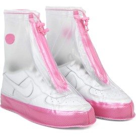 Rain Shoe Covers | Waterproof Shoe Covers for Men Women | Reusable Galoshes Overshoes (Clear/Pink, XX-Large)