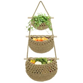 yuuzue 3 Tier Hanging Fruit Basket, Cotton Woven Wall Hanging Basket for Organizing, Hanging Produce Basket for Fruit Vegetable Storage, Boho Wall Baskets for Kitchen Bedroom Living Room