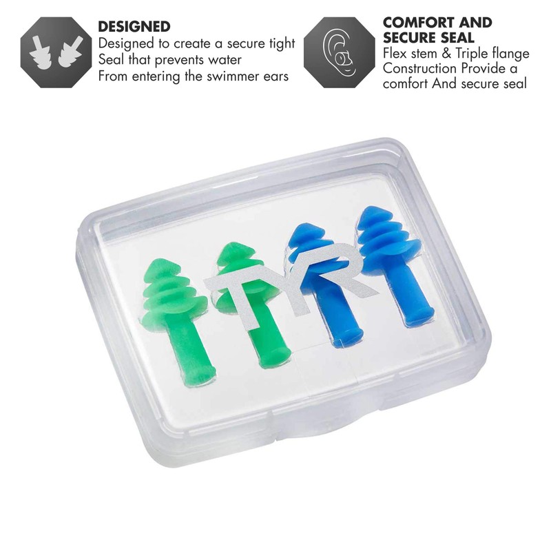 TYR Ergo Flex Ear Plugs-4pk Swimming Equipment, Blue/Green, All