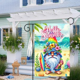 BlissYard Hello Summer Gnomes Garden Flag 12x18 Double Sided Hawaii Tropical Beach Holiday Ocean Sea Yard Small Banner for Seasonal Outdoor Party Decoration