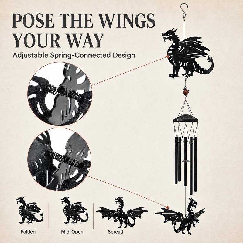 41" Large Dragon Wind Chime with Moving Spring Wings, Windchime