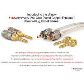 Nakamichi FanLock Excel Series 24K Gold Plated Banana Plug, 10AWG - 18AWG, 4mm Thickness for Speaker Amplifier, Hi-Fi Stereo Home Theater Audio Cable Quick Connect, 4 Pack (2 Pairs)