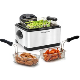 Elite Gourmet EDF-401T Electric 4.5 Qt. / 17 Cup Immersion Deep Fryer 3-Baskets, 1700-Watt, Timer Control Adjustable Temperature, Lid with Viewing Window and Odor Free Filter