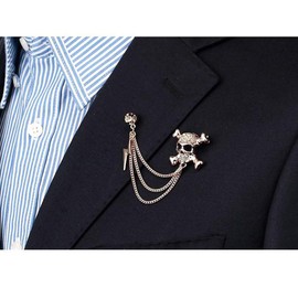 Vintage Skull Crossbone Rhinestone Brooch Retro Personality Crystal Lighting Chain Tassel Shirt Collar Suit Badge for Unisex Men (Anti-gold)