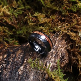 King Will 8mm Black Hammered Titanium Ring Inlaid Wood Hammered Domed Wedding Band for Men Matte Brushed Comfort Fit 7