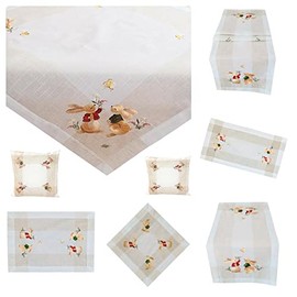 Raebel OHG Tablecloth Table Runner Doilies Cushion Cover Easter Linen Beige Embroidered with Cute Pair of Easter Bunny (Cushion Cover 40 x cm)
