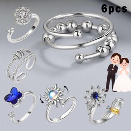 6pcs Anxiety Ring Spinner Rings Women's Silver Fidget Ring Set, Adjustable Anti-Stress Ring with Crystal Stars and Moon Sun Butterfly for Girls Men Birthday Party Gifts, Plastic