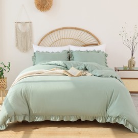 JANZAA Twin Comforter Set Sage Green Comforter Set 2PCS Ruffled and 1 Pillow Case Fluffy Vintage Farmhouse Shabby Chic Bedding Soft All Season