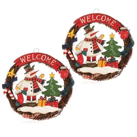 com-four® 2x braided Christmas wreath - door wreath WELCOME for Christmas - Christmas decoration for hanging - wooden wreath approx. Ø 24 cm (Snowman - M - 2 pieces)