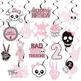 Bad Two The Bone Birthday Hanging Swirls Pink Skull Party Decorations 20PCS Rock n Roll Ceiling Swirls Skeleton Theme 2nd Birthday Hanging Streamers for Girls Music Rock Baby Shower Supplies