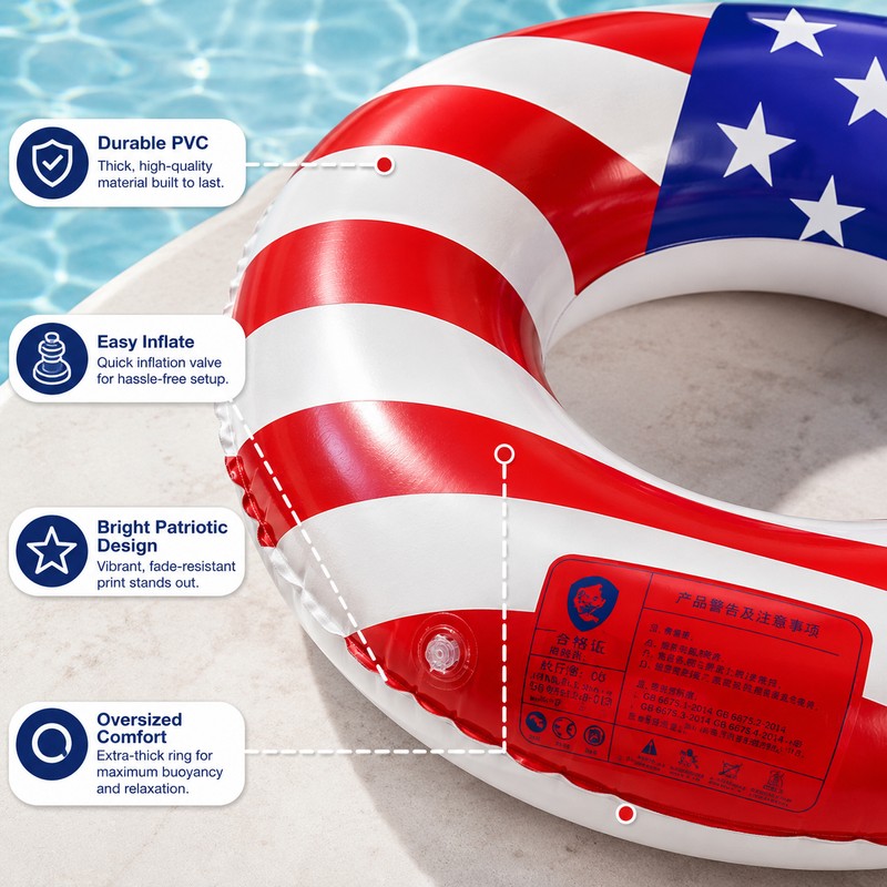 American Flag Inflatable Swim Ring for Adults – 48-Inch PVC
