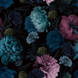 Livelynine 17.5x591" Black Floral Wallpaper Peel and Stick Moody Dark Vintage Green Blue Pink Flower Wallpaper Prepasted Bedroom Accent Wall Covering Adhesive Dark Floral Contact Paper for Cabinets