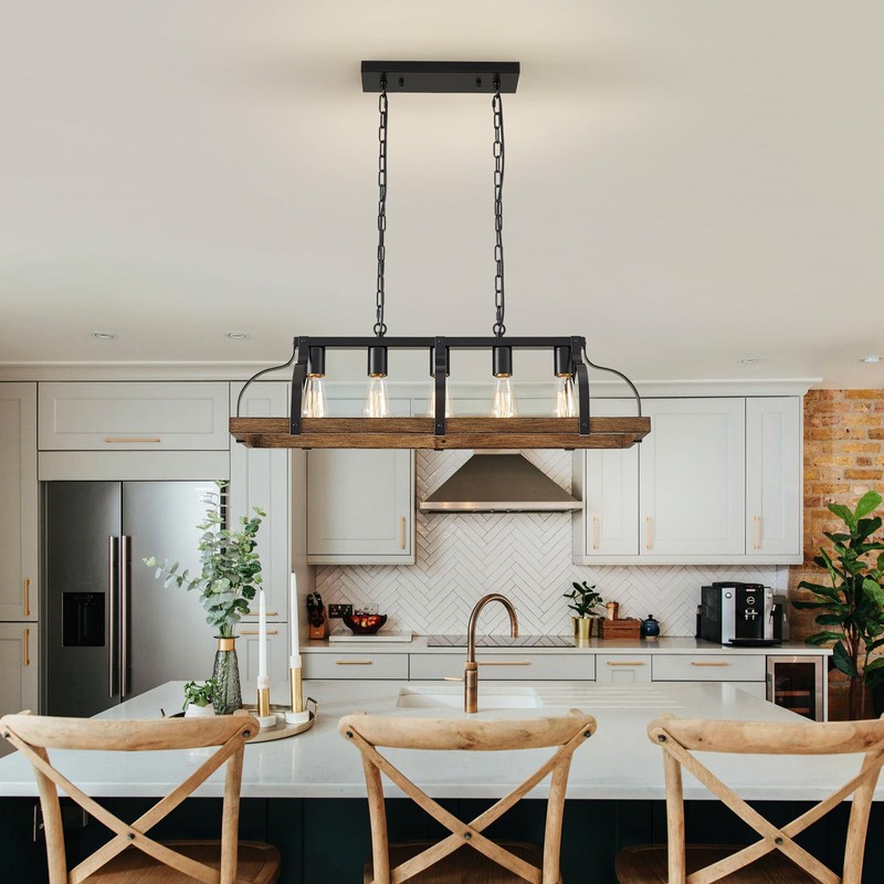 WUZUPS 5-Light Metal Chandelier Imitation Wood Grain Linear Pendant Ceiling
