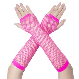Fepdiu Women 80s Long Fishnet Fingerless Gloves Mesh Arm Sleeves One Size Fish Net Arm Sleeves EMO Gloves for Women in Theme Party Scene Accessories (hot pink)