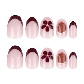 SINHOT Round Press on Nails Short - Brown Flower Fake Nails Glossy Glue on Nails Gold Line Acrylic Nail French Tip Oval Supplies Artificial Nails Stick on False Nails with Design DIY 24 pcs