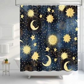 Yuphive Boho Celestial Shower Curtain, Gold Sun and Moon Galaxy Zodiac Design Bath Curtains for Bathroom，Fun Navy Blue Stars Starry Sky Decor Waterproof Fabric Shower Curtain Sets 12 Hooks 72X72 in