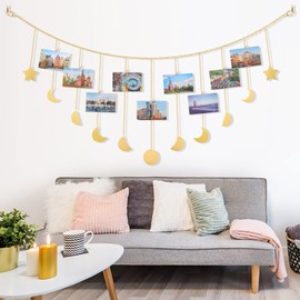YIHOPPL Hanging Photo Wooden Stars Moon Garland with Metal Chains Picture Frame Collage with 20 Wood Clips for Teen Girl Room Wall Art Gift Home Decor for Bedroom, Headboard, Living Room