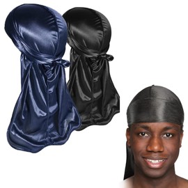 Silky Durag, Silk Du Rags for Men and Women, Pack of 2 Silky Durag for Men, Premium Satin Do Rags Do Rags with Long Tail for 360 Waves, Perfect for Waves, Black, Dark Blue