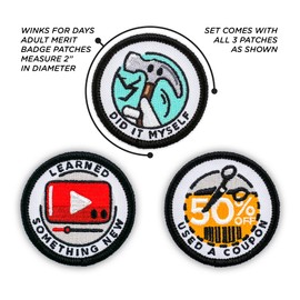 Winks for Days Adult Merit Badge Embroidered Iron-On Patches (Achievements - Set 2) - Includes Three (3) 2" Patches: Learned Something New, Did It Myself, and Used a Coupon