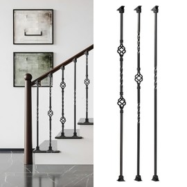 Gleefurny Balusters for Staircase Interior - Stair Spindles, Banister, Hollow, 1/2inch x 44inch, Single Basket, Double Basket, Single Twist Iron Balusters and Swivel Shoes (Pack of 9), Satin Black
