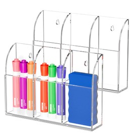 MaxGear Wall Marker Holder 3 Compartments, 2 Pack Desk Acrylic Organizer for Remotes, Pens, Makeup, Markers, Clear Remote Control Holder for Whiteboard Accessories-7.8'' x 1.6'' x 5.5''