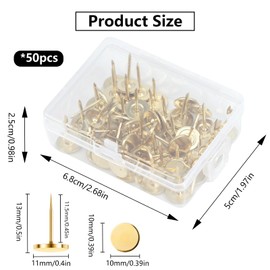 Shpucise 50Pcs Heavy Duty Flat Head Push Pins,Metal Flat Push Pins Round Head Thickened and Lengthened Drawing Pins with Storage Box,Humbtacks for Map, Photo Wall, Cork Board Bulletin (Gold)